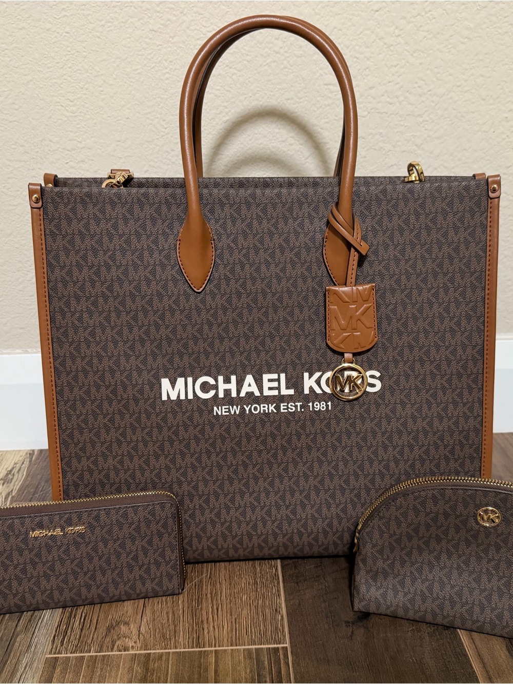 Michael Kors Brown Signature MK 3-Piece Tote Wallet Cosmetic Bag Set